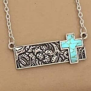 Boho Western Turquoise Cross Bar Pendant Necklace Silver & Turquoise